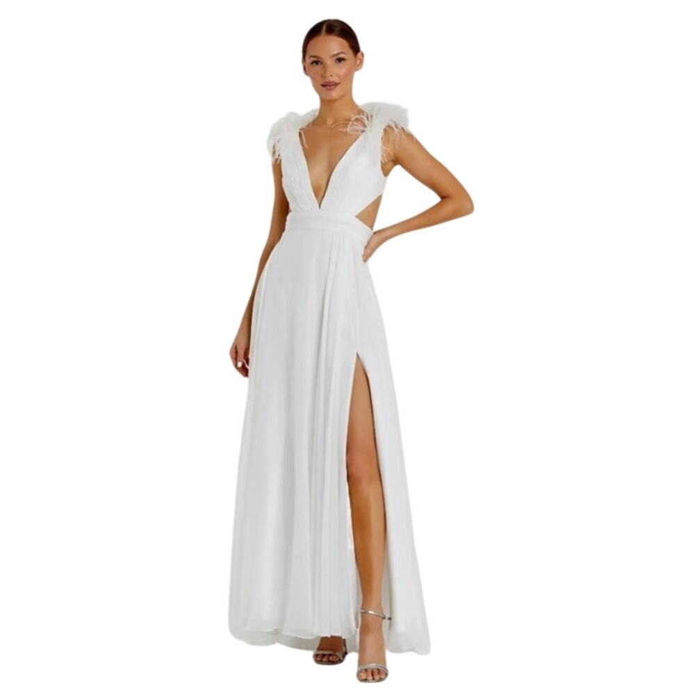 MAC DUGGAL Dress Size 8 Evening Gown NEW White Lace Up Plunge Ostrich Feather